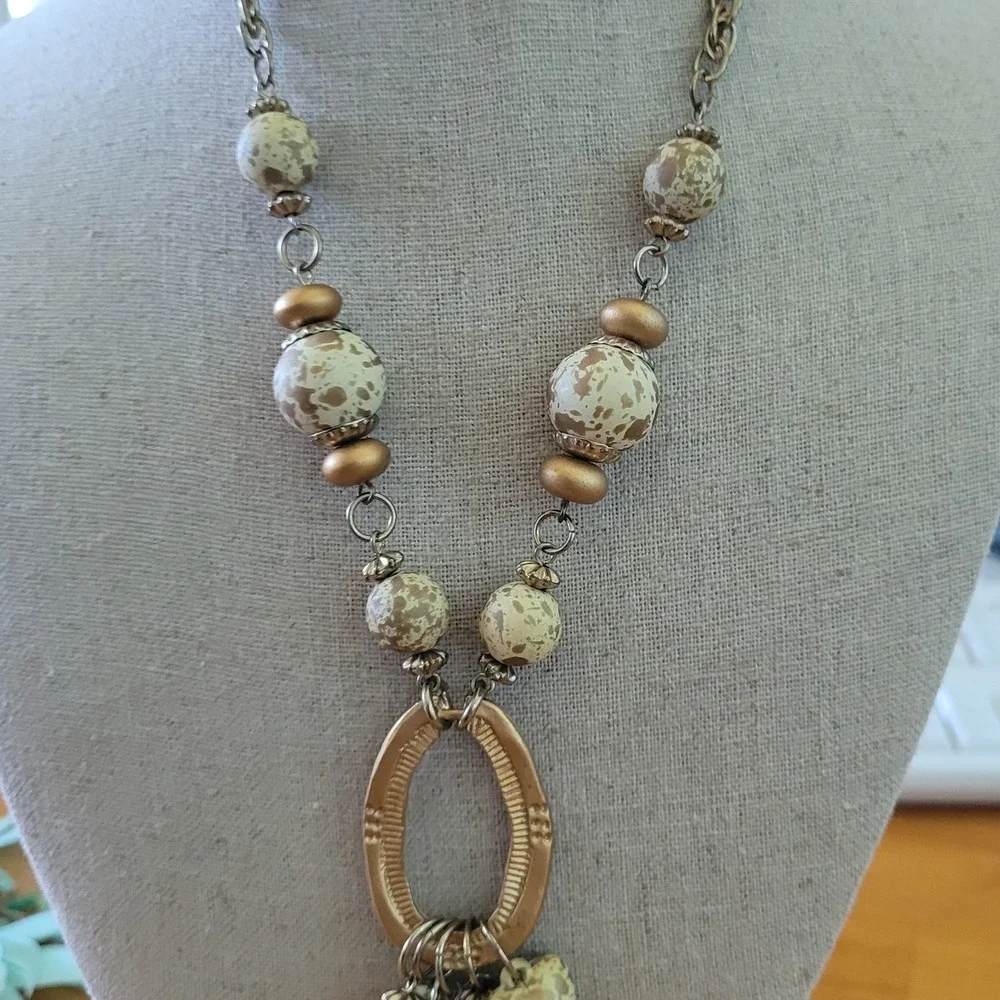 Vintage Speckled Bead Pendant Necklace Boho Dangle Cluster 31 Inch